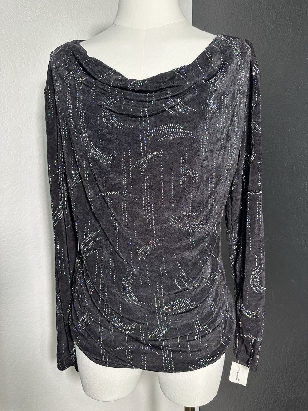Vintage 90s Western Connection Black Holographic Glitter Cowl Neck Top M NWT